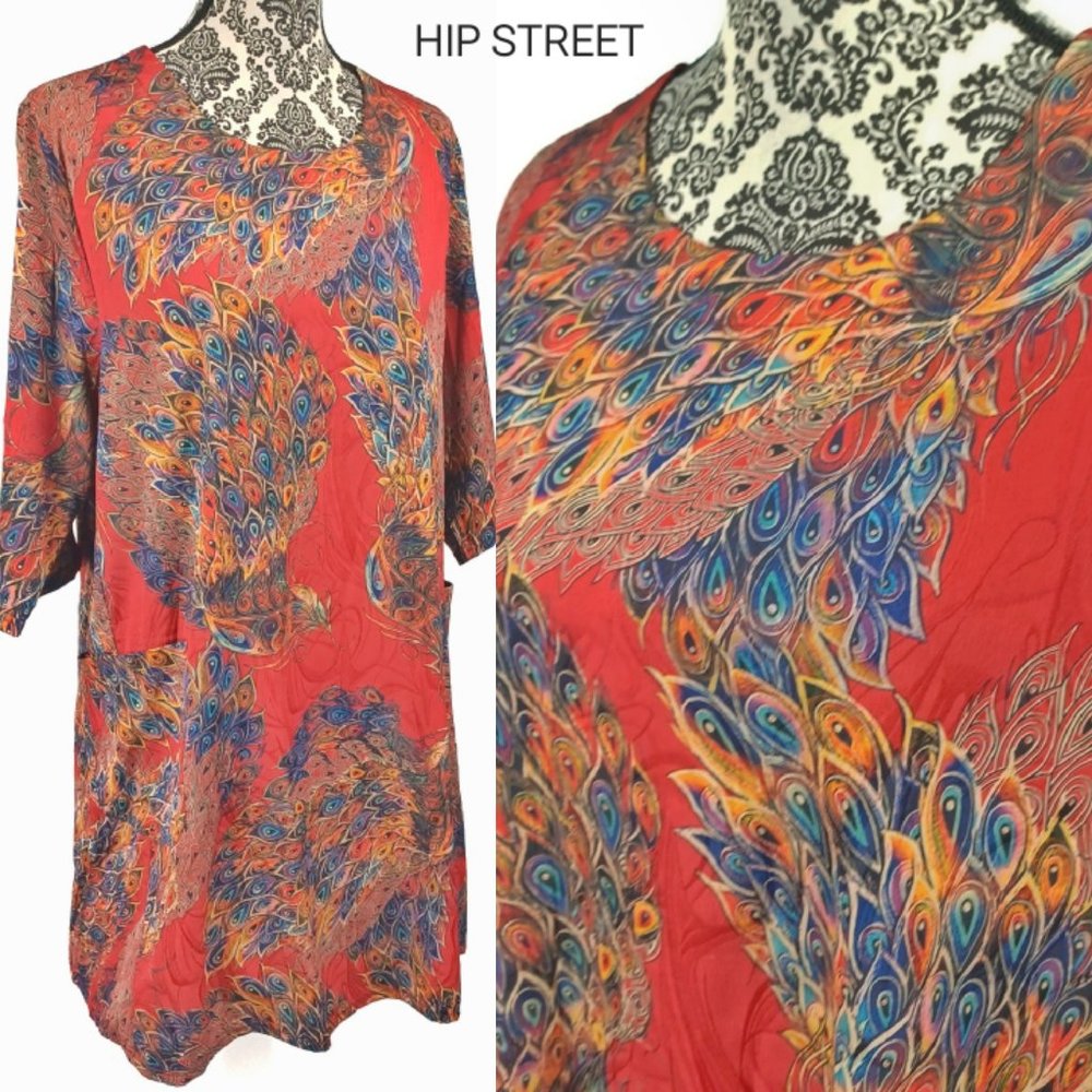 KE KE Dress Peacock Print Silky Tent L NWT